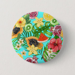 Tropical mix-fruit, flowers and leaves on blue button