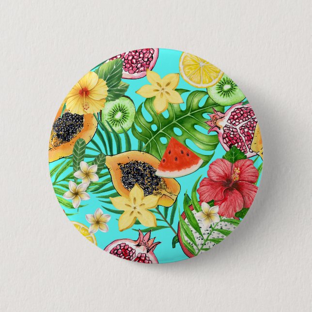 Tropical mix-fruit, flowers and leaves on blue button (Front)
