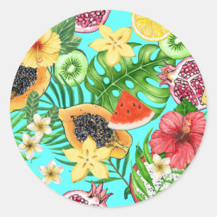 Tropical mix-fruit, flowers and leaves on blue classic round sticker