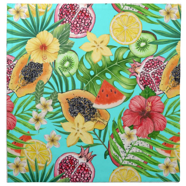 Tropical mix-fruit, flowers and leaves on blue cloth napkin (Front)