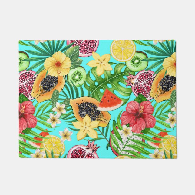 Tropical mix-fruit, flowers and leaves on blue doormat (Front)