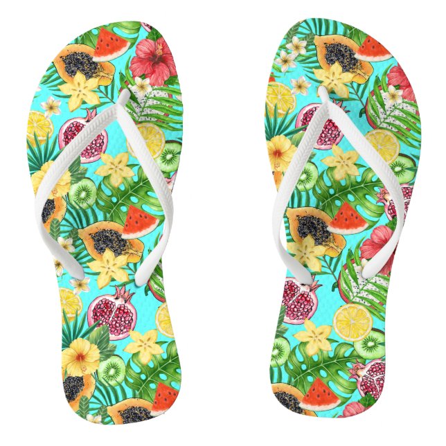Tropical mix-fruit, flowers and leaves on blue flip flops (Footbed)