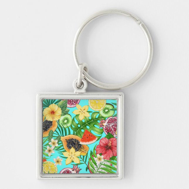 Tropical mix-fruit, flowers and leaves on blue keychain (Front)