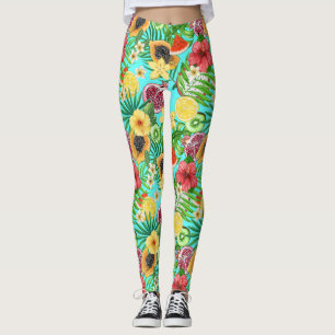 Tropical mix-fruit, flowers and leaves on blue leggings