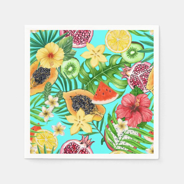 Tropical mix-fruit, flowers and leaves on blue napkins (Front)
