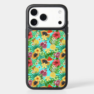 Tropical mix-fruit, flowers and leaves on blue iPhone 17 pro max case