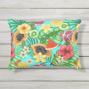 Tropical mix-fruit, flowers and leaves on blue outdoor pillow