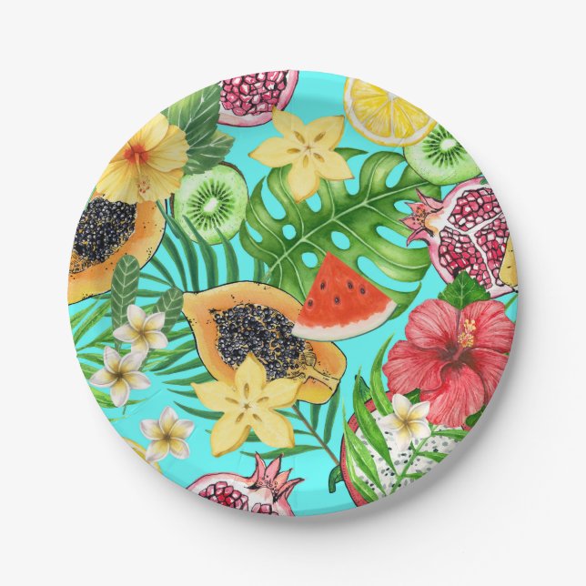 Tropical mix-fruit, flowers and leaves on blue paper plates (Front)