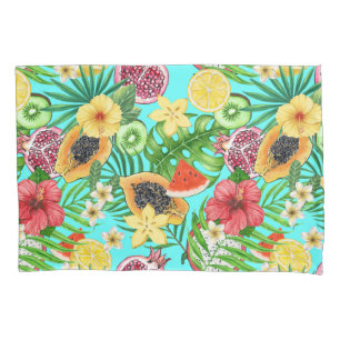 Tropical mix-fruit, flowers and leaves on blue pillow case