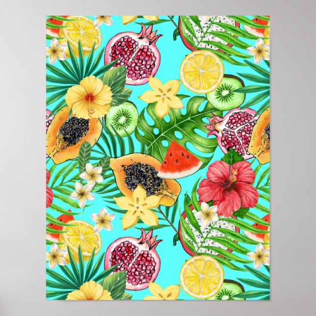 Tropical mix-fruit, flowers and leaves on blue poster (Front)