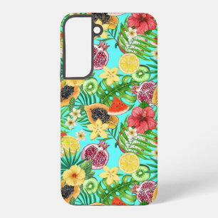 Tropical mix-fruit, flowers and leaves on blue samsung galaxy s22+ case