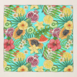 Tropical mix-fruit, flowers and leaves on blue scarf<br><div class="desc">Hand- painted mix media pattern with various tropical fruits,  flowers and leaves</div>