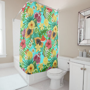 Tropical mix-fruit, flowers and leaves on blue shower curtain