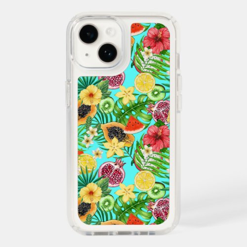 Tropical mix_fruit flowers and leaves on blue speck iPhone 14 case