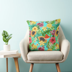 Tropical mix-fruit, flowers and leaves on blue throw pillow