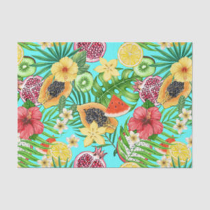 Tropical mix-fruit, flowers and leaves on blue tissue paper