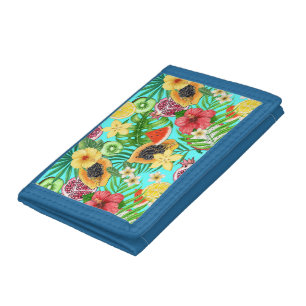 Tropical mix-fruit, flowers and leaves on blue trifold wallet
