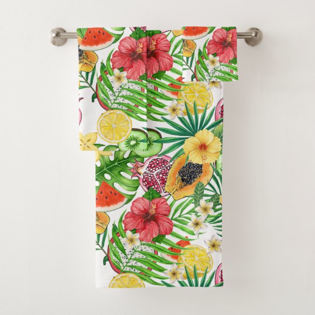 Tropical mix-fruit, flowers and leaves on white bath towel set (Insitu)