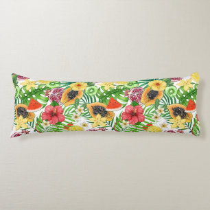 Tropical mix-fruit, flowers and leaves on white body pillow