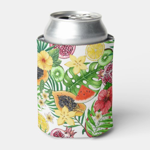 Tropical mix_fruit flowers and leaves on white can cooler