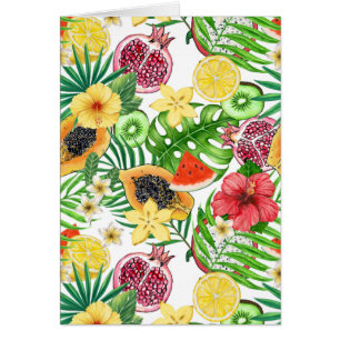 Tropical mix-fruit, flowers and leaves on white cards