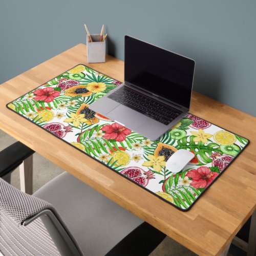 Tropical mix_fruit flowers and leaves on white desk mat