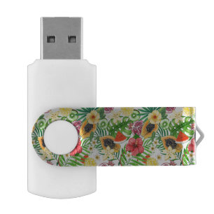 Tropical mix-fruit, flowers and leaves on white flash drive