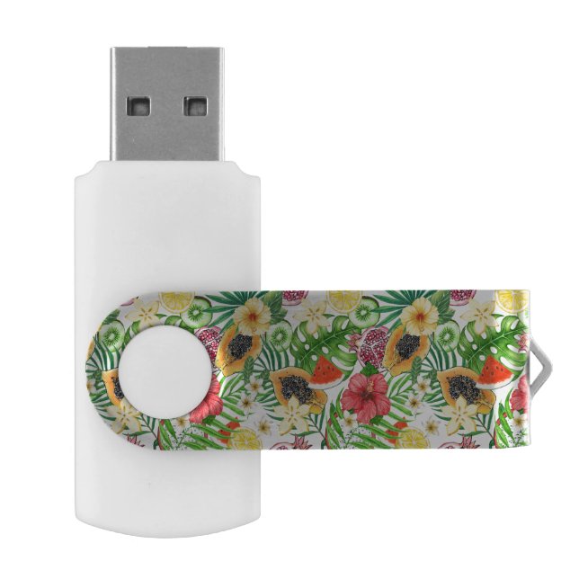 Tropical mix-fruit, flowers and leaves on white flash drive (Opened)