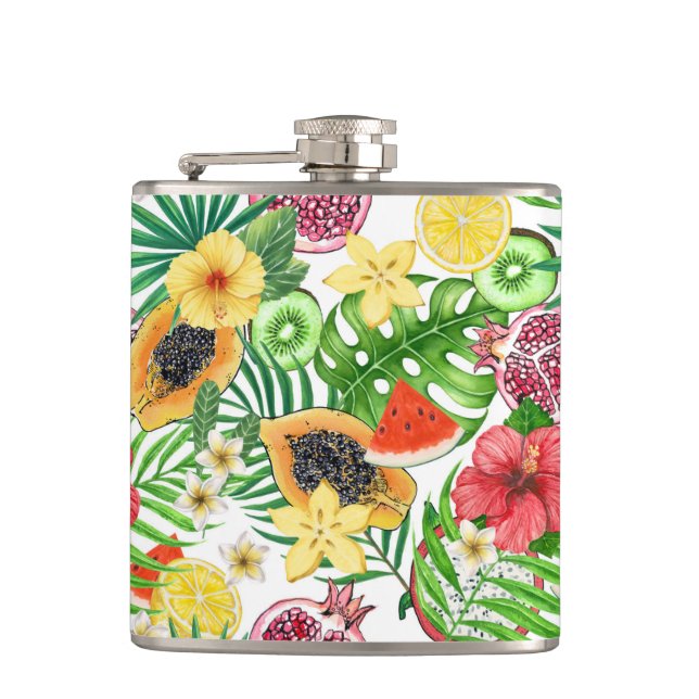 Tropical mix-fruit, flowers and leaves on white flask (Front)