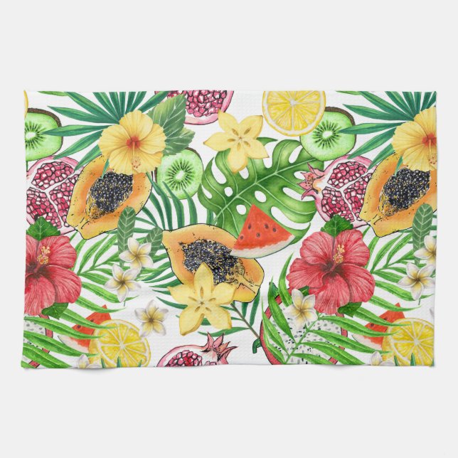 Tropical mix-fruit, flowers and leaves on white kitchen towel (Horizontal)