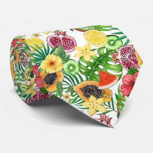 Tropical mix-fruit, flowers and leaves on white neck tie