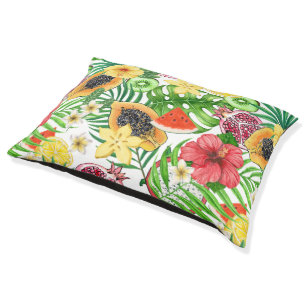 Tropical mix-fruit, flowers and leaves on white pet bed