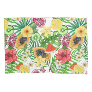 Tropical mix-fruit, flowers and leaves on white pillow case