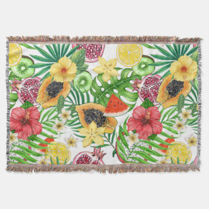 Tropical mix-fruit, flowers and leaves on white throw blanket