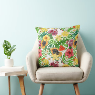 Tropical mix-fruit, flowers and leaves on white throw pillow
