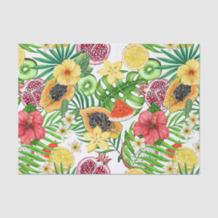 Tropical mix-fruit, flowers and leaves on white tissue paper