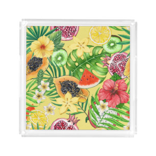 Tropical mix-fruit, flowers and leaves on yellow acrylic tray