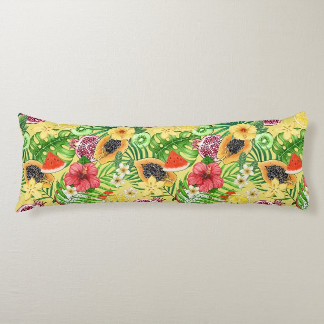 Tropical mix-fruit, flowers and leaves on yellow body pillow (Front)