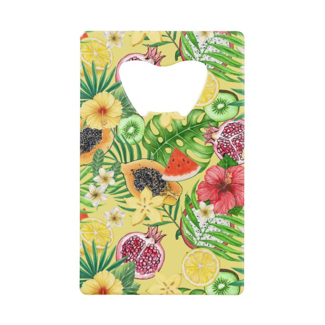 Tropical mix-fruit, flowers and leaves on yellow credit card bottle opener (Front)