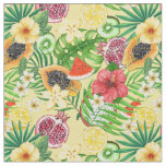 Tropical mix-fruit, flowers and leaves on yellow fabric