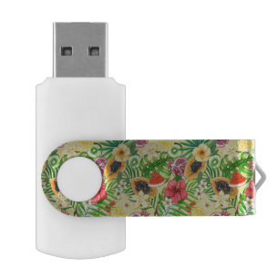 Tropical mix-fruit, flowers and leaves on yellow flash drive