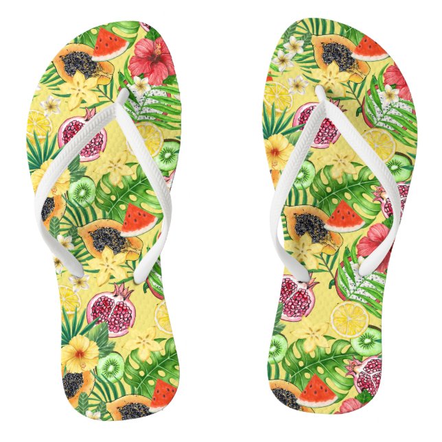 Tropical mix-fruit, flowers and leaves on yellow flip flops (Footbed)