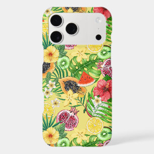 Tropical mix-fruit, flowers and leaves on yellow iPhone 17 pro max case