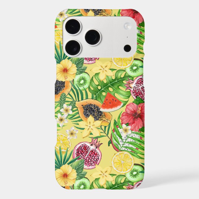 Tropical mix-fruit, flowers and leaves on yellow iPhone case (Back)