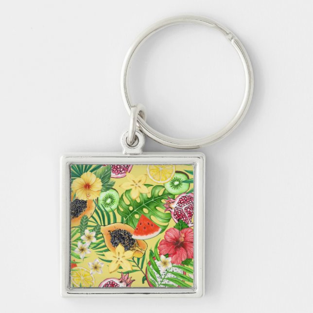 Tropical mix-fruit, flowers and leaves on yellow keychain (Front)