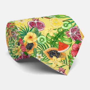 Tropical mix-fruit, flowers and leaves on yellow neck tie