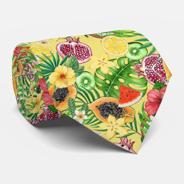 Tropical mix-fruit, flowers and leaves on yellow neck tie (Rolled)