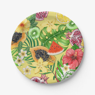 Tropical mix-fruit, flowers and leaves on yellow paper plates