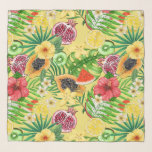 Tropical mix-fruit, flowers and leaves on yellow scarf<br><div class="desc">Hand- painted mix media pattern with various tropical fruits,  flowers and leaves</div>