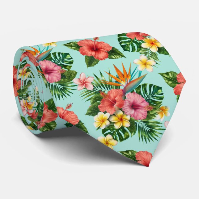 Tropical Mixed Flower Garden Pattern Neck Tie (Rolled)